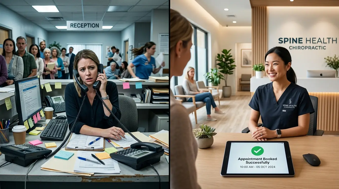 Comparison of chaotic manual front desk vs calm AI automated clinic